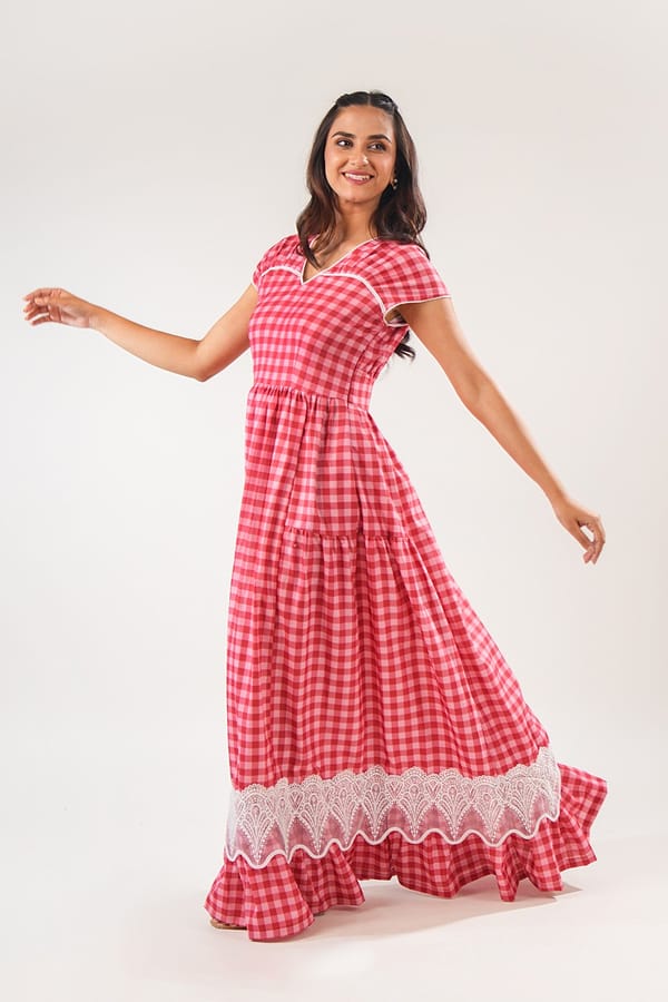 Red Gingham Tiered Maxi Dress with Lace Hem Panel — 9899