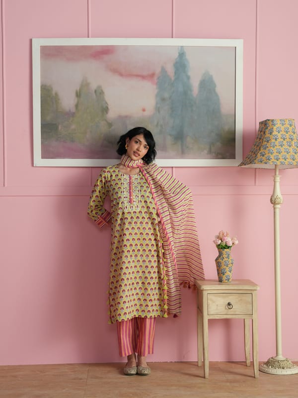 DAISY STRAIGHT KURTA WITH STRIPED PANT & DUPATTA — TASHA INDIA
