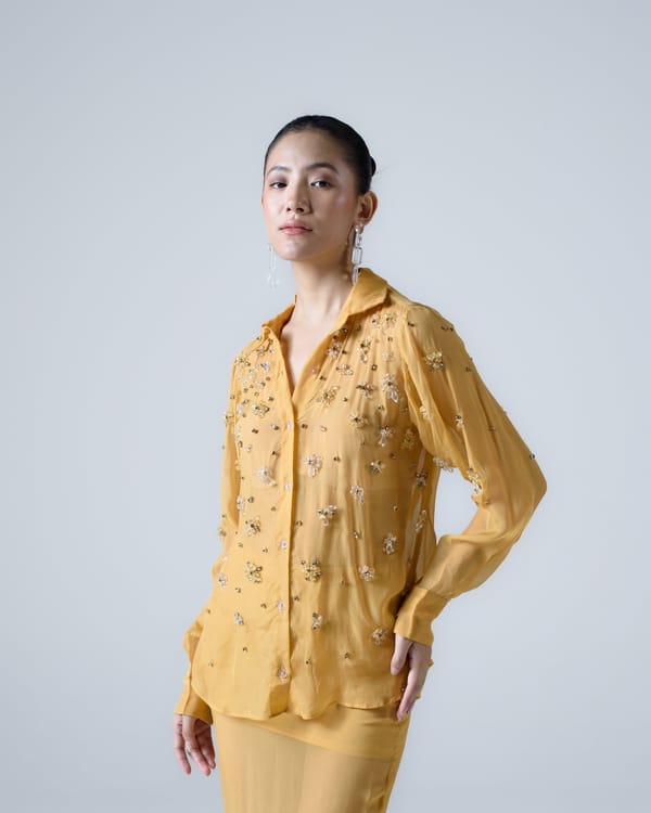 Yellow Sheer Organza Embellished Button-Down Shirt — MAGIA