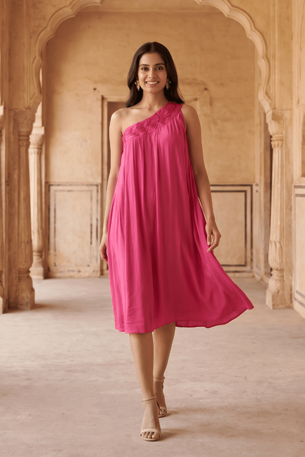 Hot Pink One Shoulder Short Embroidered Dress — Western Era