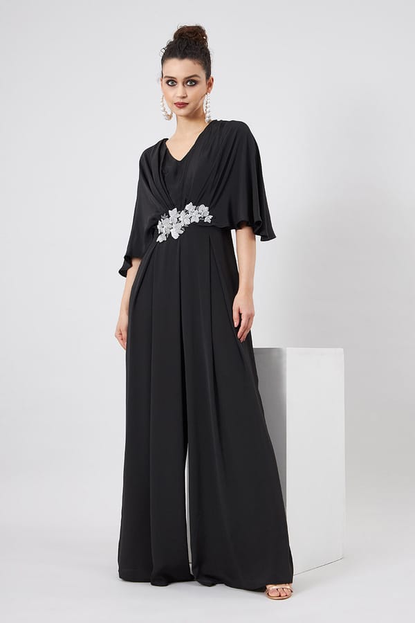 Black Silk Crepe Cape Sleeve Wide-Leg Jumpsuit — Aakaar