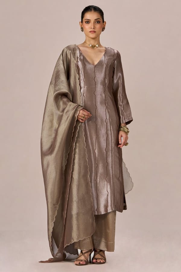 Light Brown and Soft Gold Tissue Festive kurta Set — Ganga Fashions Pvt Ltd