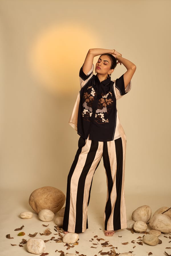 Black and Cream Appliqué Shirt and Pants Co-ord Set — An'era by Asmita Verma
