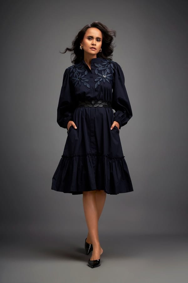Floral Embroidered Dress With Long Structured Sleeves — Deepika Arora