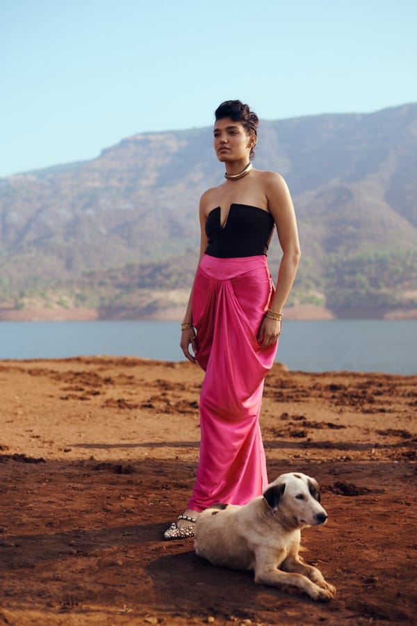 Fuchsia Pink Satin Draped Maxi Skirt with Central Pleats — Unrush