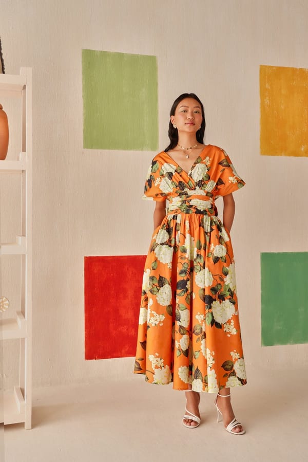Orange Floral Cotton Wrap Midi Dress — Sage by Mala