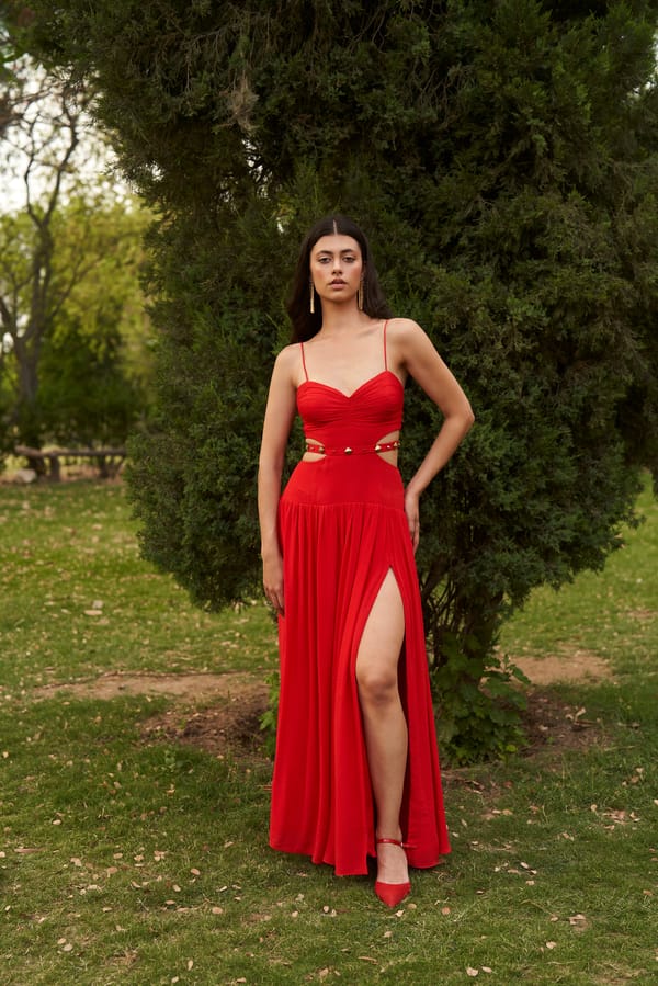 Red Cut-Out Waist Maxi Gown with Stud Detail — AMRTA BY GUNEET KONDAL