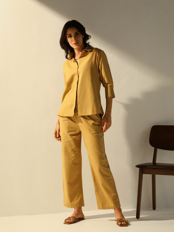 Caramel Cotton-Linen Shirt and Pants Co-ord Set — Cosset Clothing