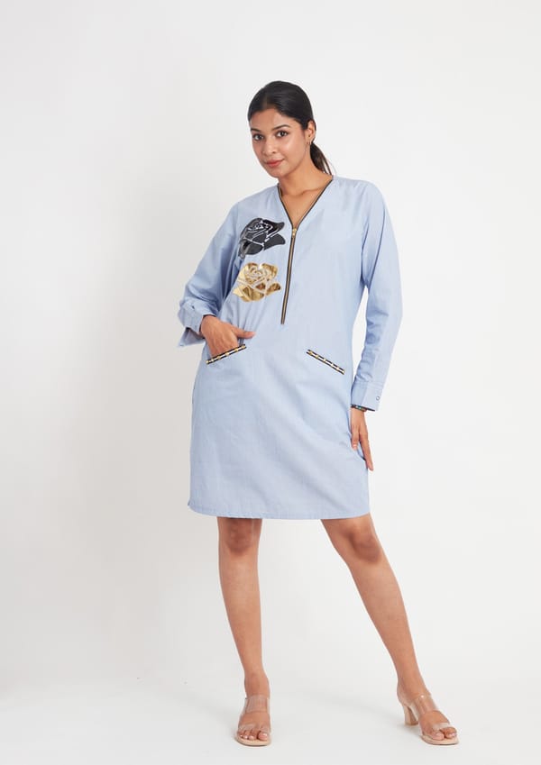 Blue Stripe Dress with Floral Applique — Richa Goenka
