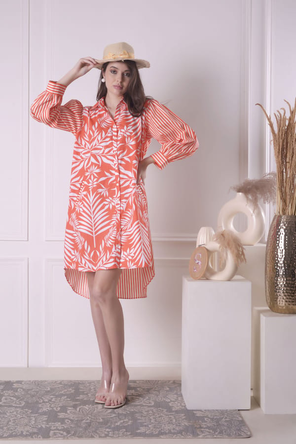 Orange Tropical Print and Stripe Mix Shirt Dress — SURABHI ARYA