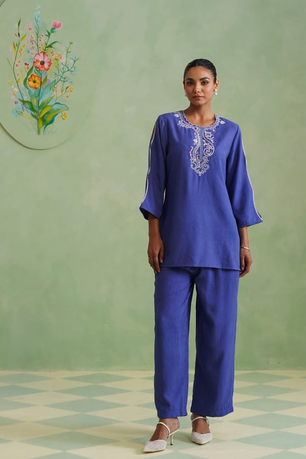 Dusty Lilac Blue Embroidered Co-Ord Set — KORAH STITCH