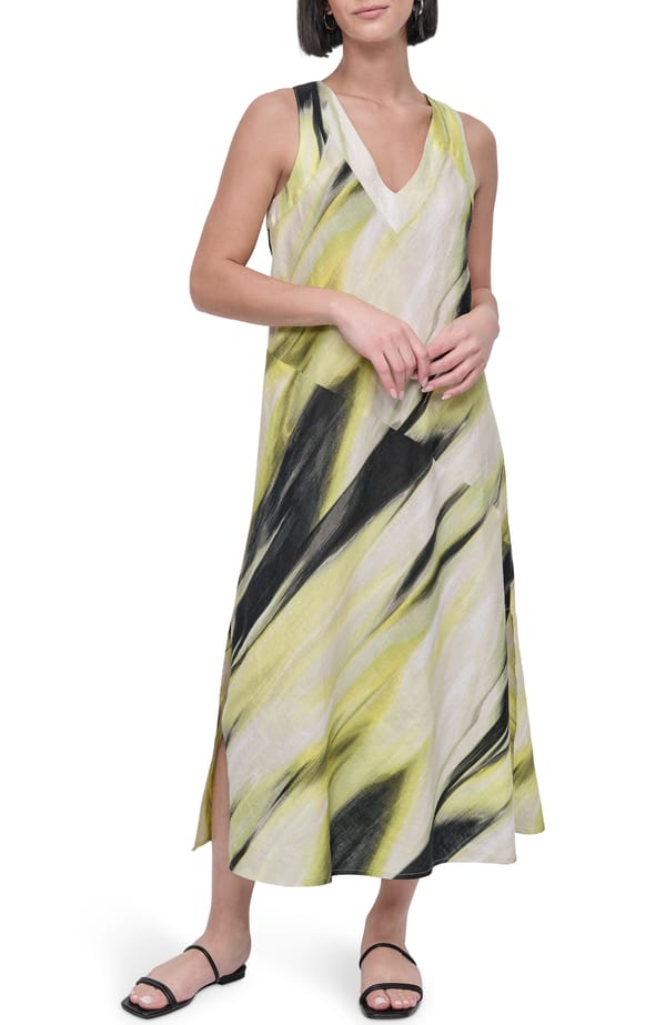 Linen Abstract Print Sleeveless V-Neck Midi Dress — DKNY