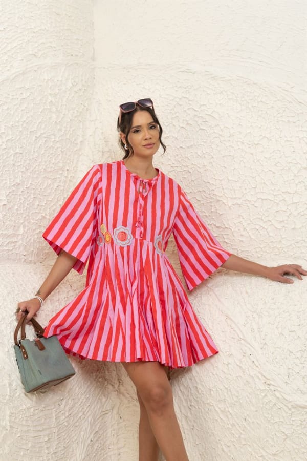 Pink and Red Striped Smock Mini Dress with Tie-Up Neck — Rhe-Ana