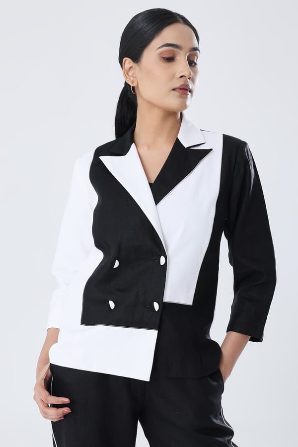Black and White Colorblock Double-Breasted Blazer — SHIBUI