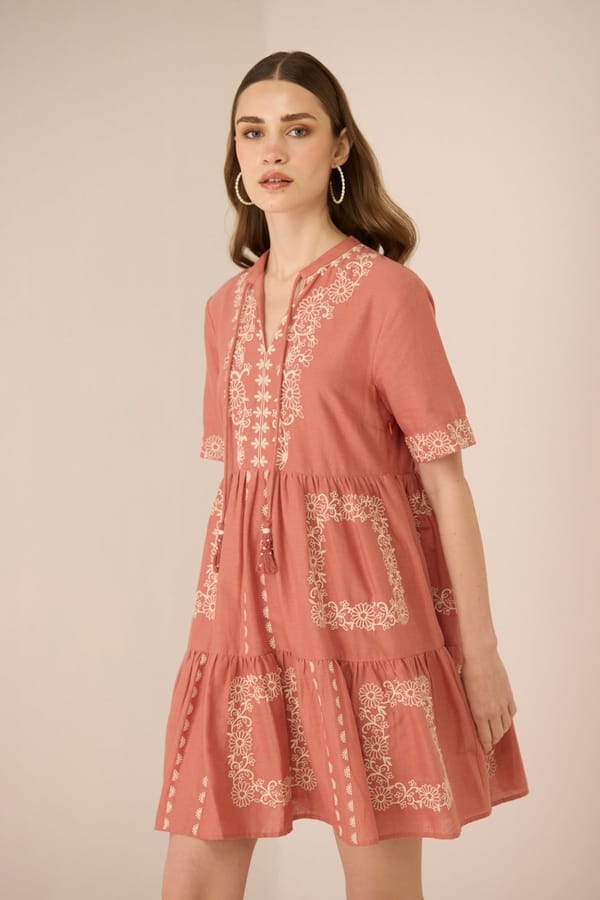 Faded Rose Embroidered Tiered Mini Dress — Calling June