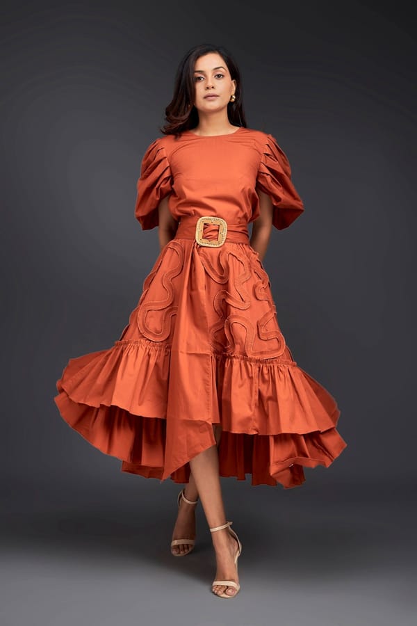 Rust Puff Sleeve Top and Tiered Midi Skirt Co-ord Set — Deepika Arora