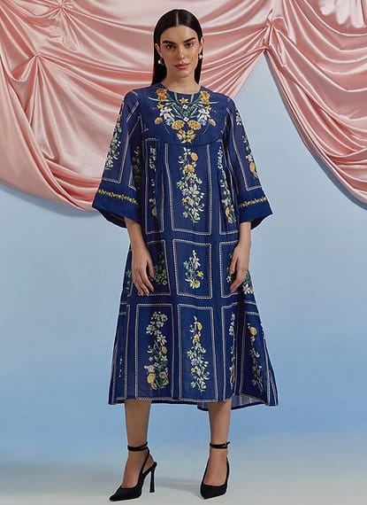 A.F Blue Floral Printed A-Line Kurta with Pleats — Pozruh