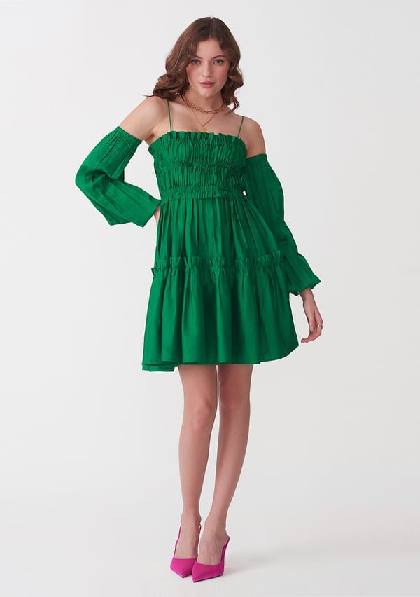Emerald Green Tiered Smocked Mini Dress with Detachable Sleeves — AMOSHI