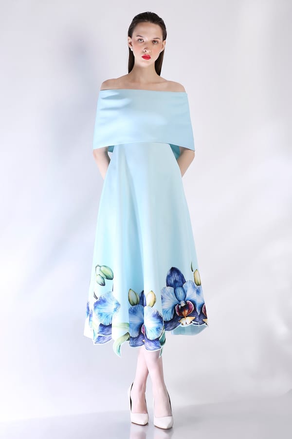 Light Blue Off-Shoulder Fit and Flare Midi Dress — OZEQO