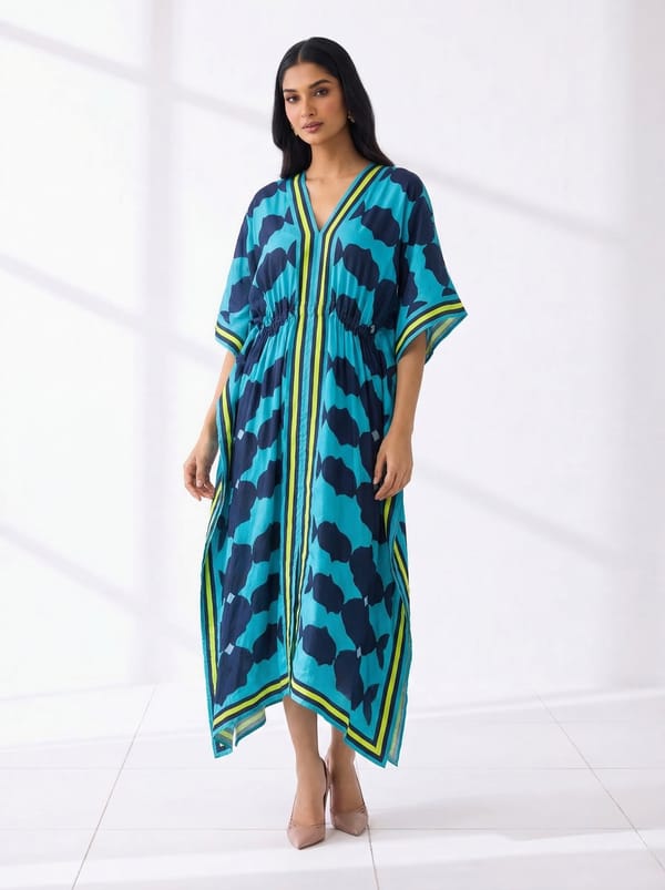 Blue Persona Printed V-Neck Kaftan with Border Detail — CUIN