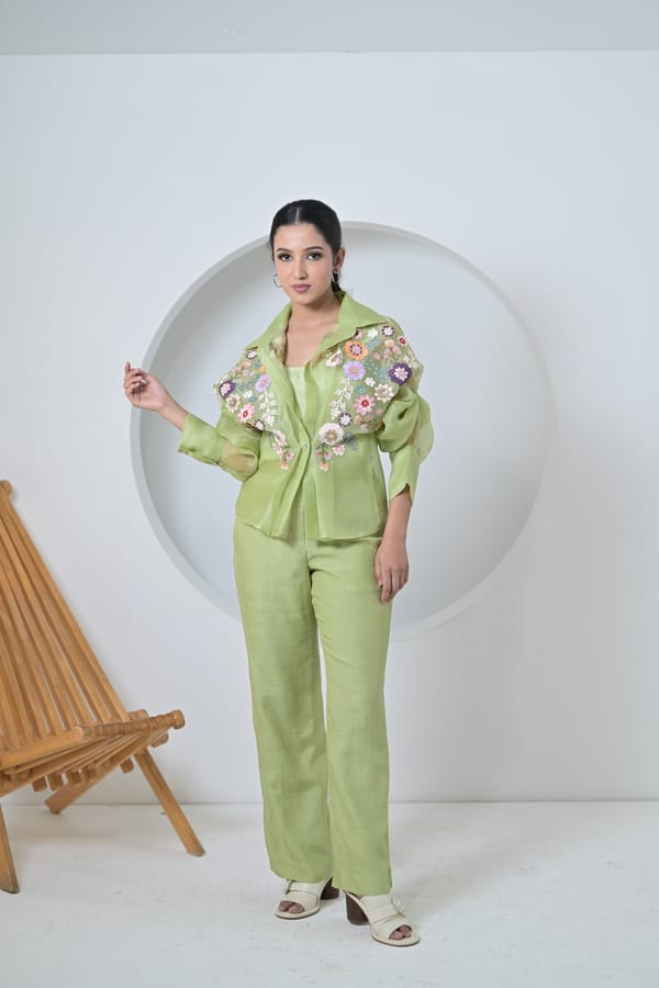 B/F Phool Patti Organza Gathered Sleeve Shirt with Linen Pant — RUCHIKA MALLIKA LABEL
