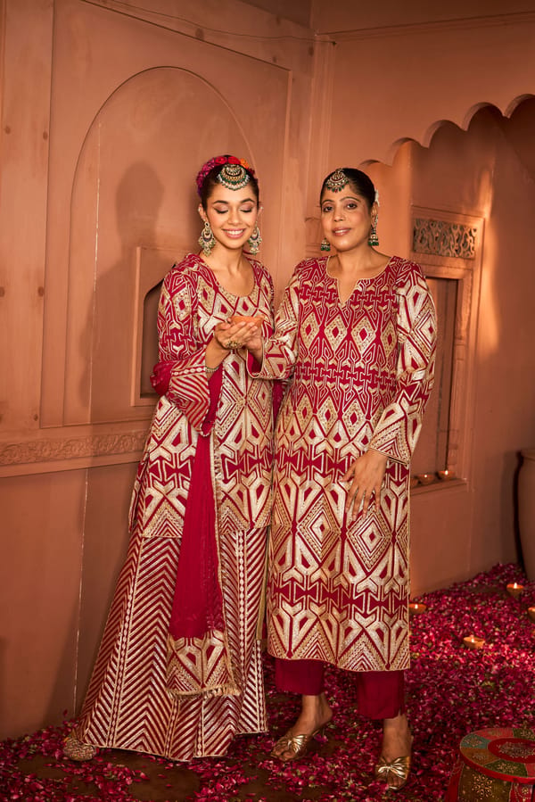 Red Geometric Zari Embroidered Kurta Sharara Set with Dupatta — TASUVURE