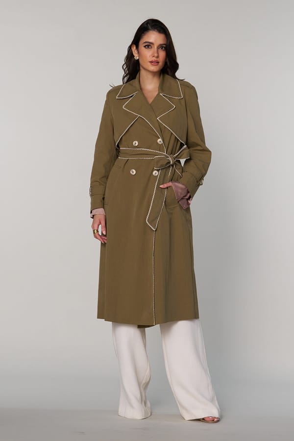 Khaki Long Trench Coat with Lace Trim and Belt — Style Island