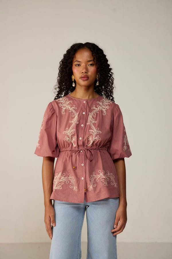 Mauve Cotton Cambric Embroidered Button-Down Blouse — Calling June