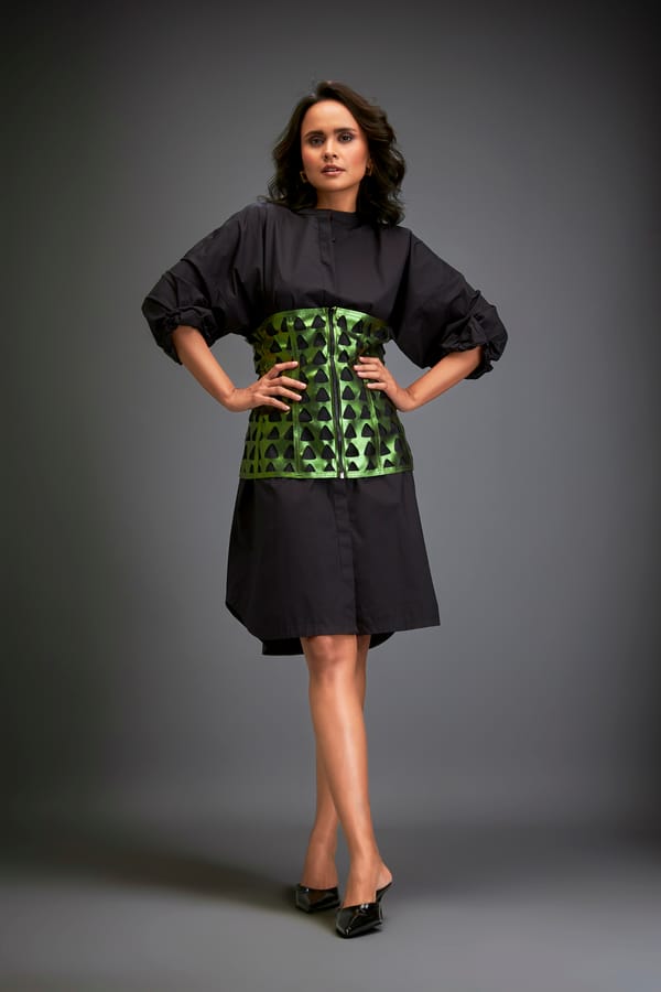 Shirtdress With Metallic Corset And Geometric Cutout Detailing — Deepika Arora