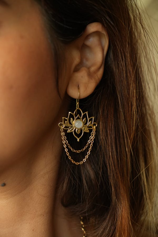 Moonstone Lotus Brass Danglers — SOUL WORKS