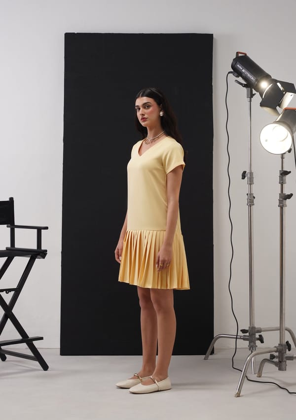 Butter Yellow Pleated Panel Mini Tunic Dress — AMOSHI