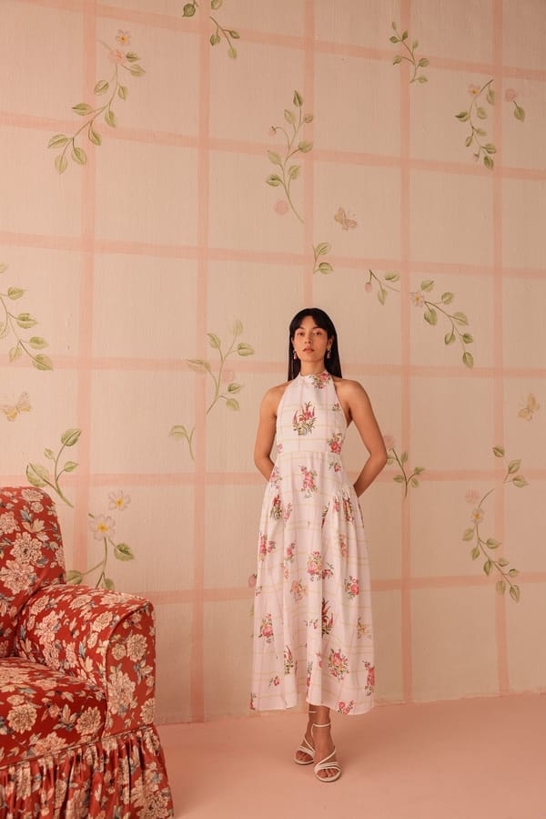 White Floral Check Halter Neck Maxi Dress — Sage by Mala