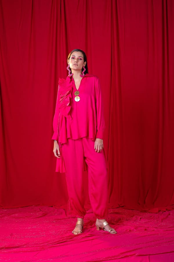 Hot Pink Coin-Embellished Shirt and Pant Co-ord Set — EnEch