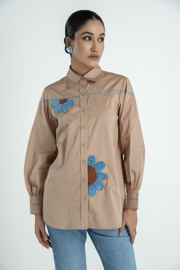 Khakhi Cotton Satin Shirt with 3D Floral Embroidery — Our Love