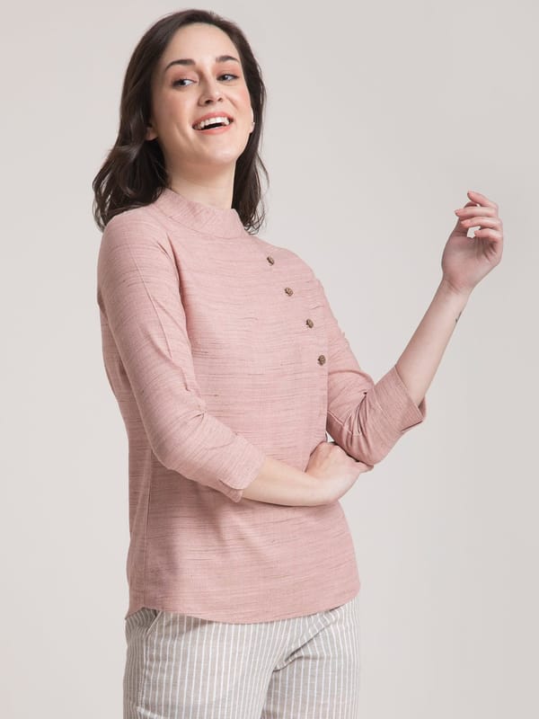 Cotton Yarn Dyed Mandarin Collar Button Detail Top — Fable Street