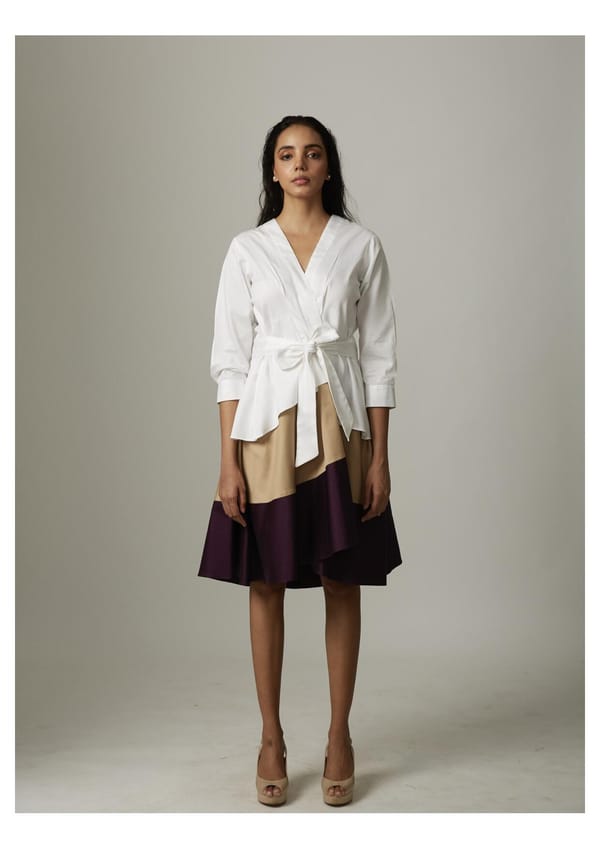 White/Beige/Wine Colorblock High-Low Wrap Tie Dress — Escape By Aishwarya
