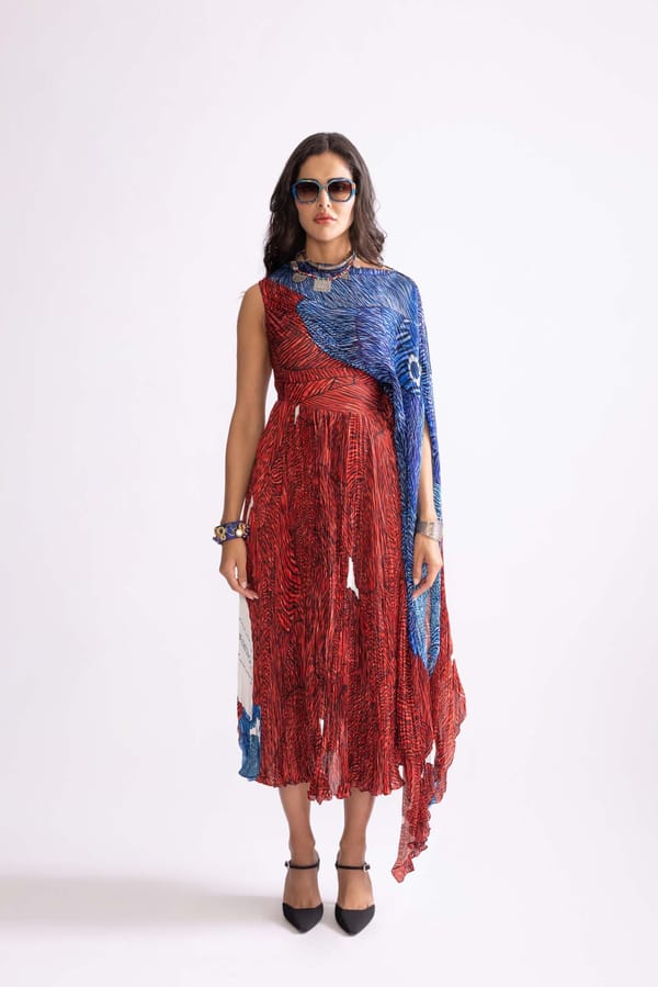 Red/Blue Wave Print One-Shoulder Micro-Pleated Midi Dress — Saaksha and Kinni