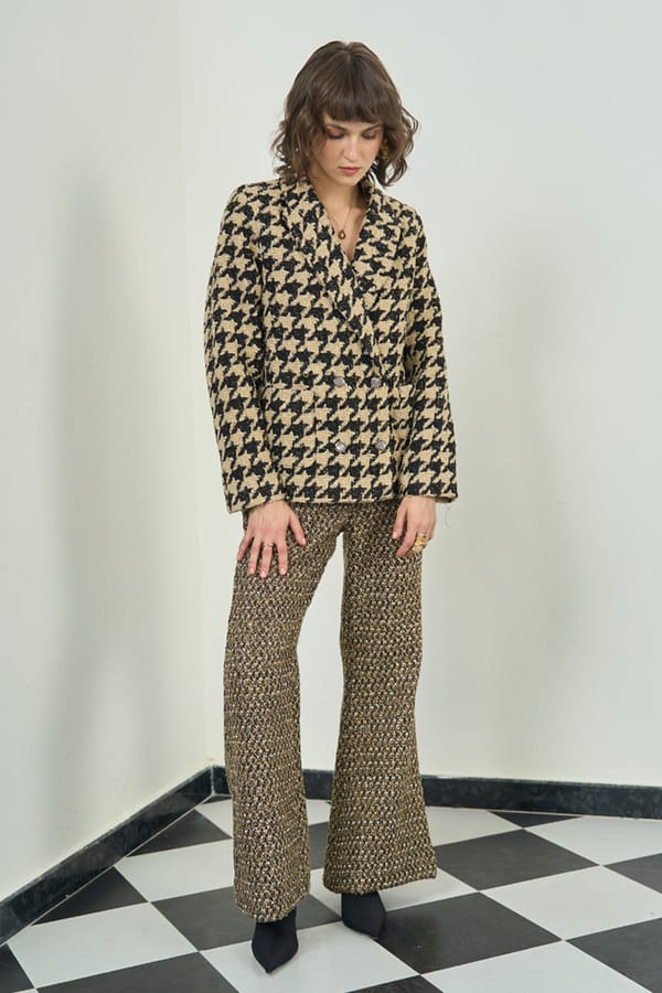 Gold Shimmer Tweed Flared Trousers — AVERIE