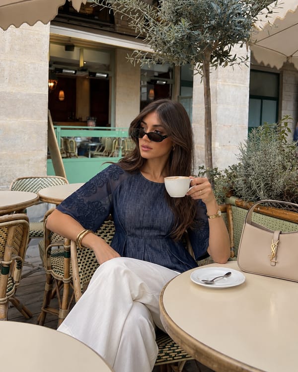 Blue Denim Peplum Top with Embroidered Cutwork Sleeves — Style Island