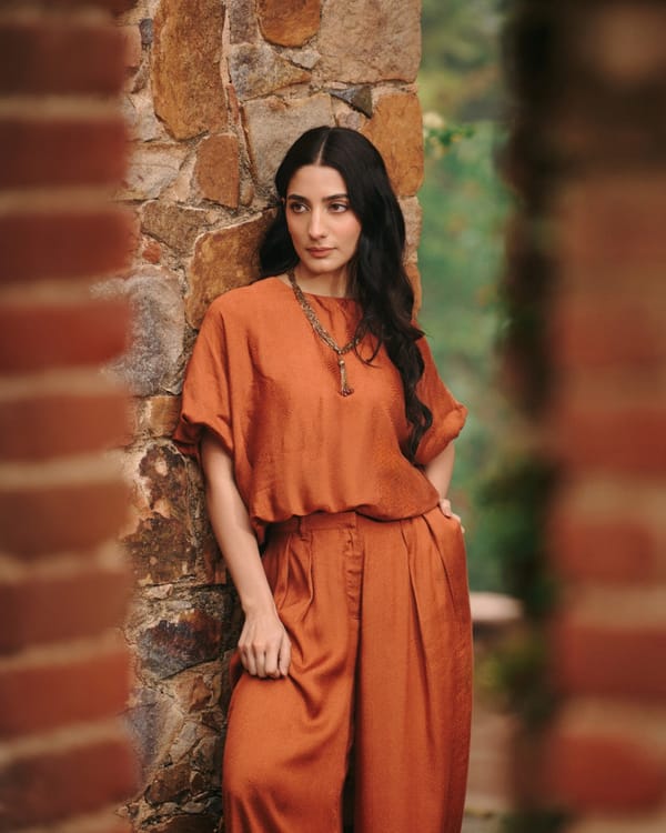 Rust Draped Top and Wide-Leg Pants Co-ord Set — Contemponari