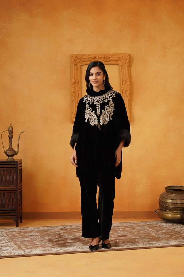 Black Velvet Embroidered Kaftan Top and Pants Co-ord Set — NEETIKA CHOPRA