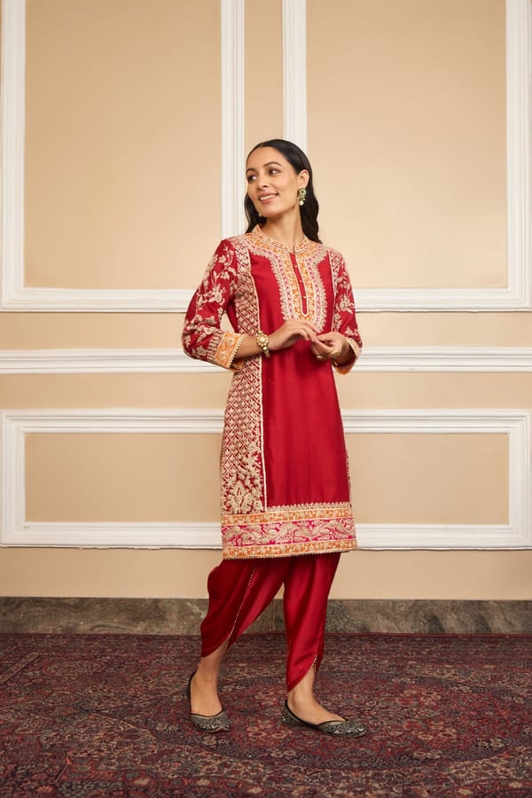 Deep Red Embroidered Kurta and Dhoti Set — Sheetal Batra