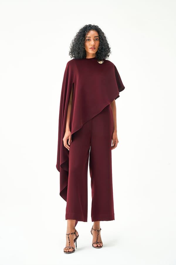 Wine Draped Cape-Overlay Wide-Leg Jumpsuit — NOTEBOOK