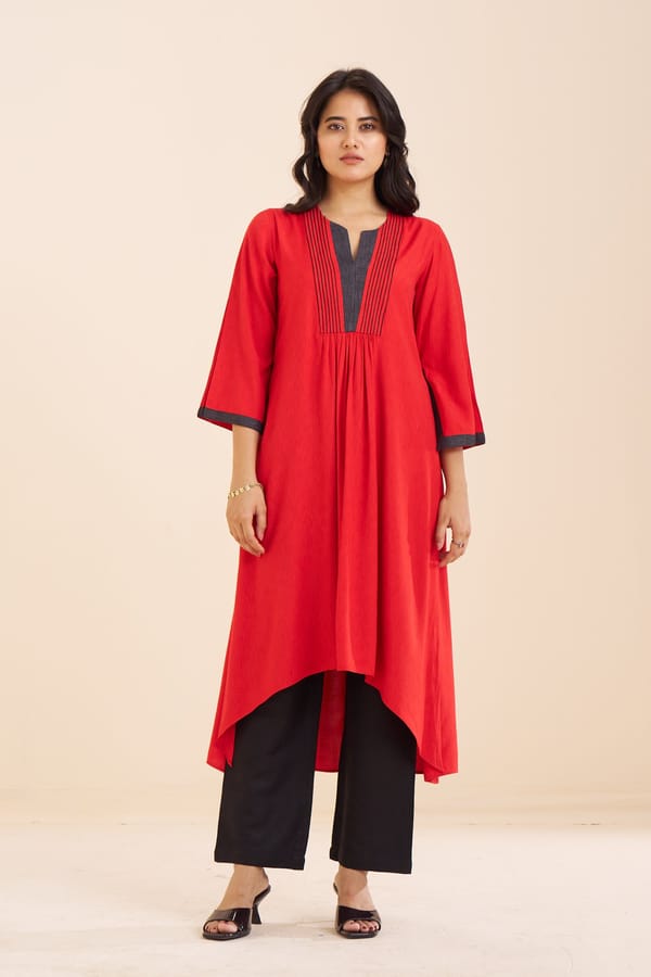 Classic Red V-Neck Kurta with Pleat Detailing — Truly SMA