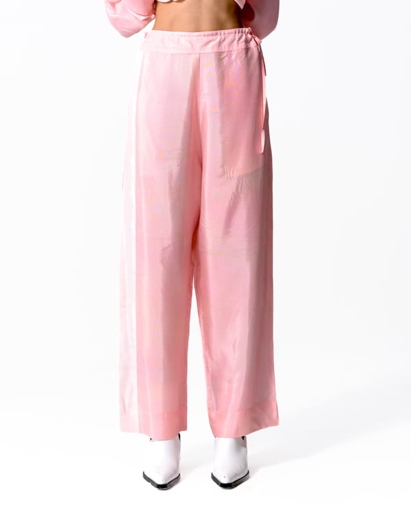 Pastel Pink Wide-Leg Cotton Silk Blend Trousers — Ofrida