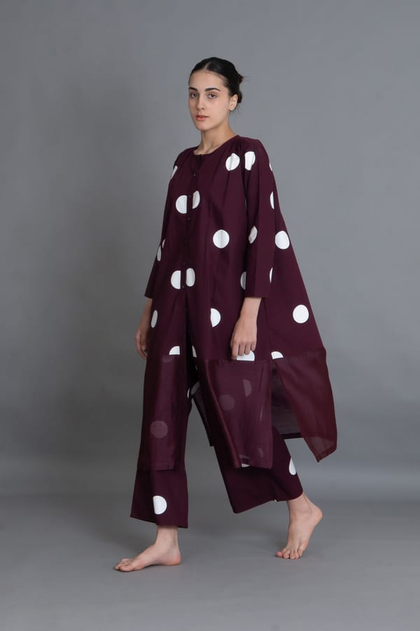 Maroon Polka Chanderi Gathered Dress Co-ord — Khat