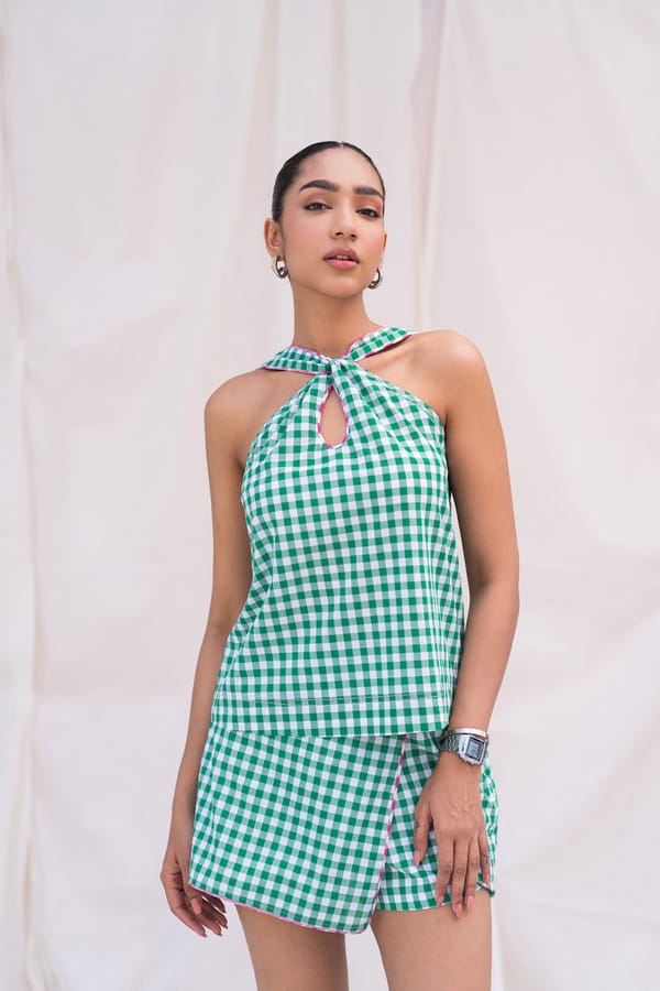Green and White Gingham Halter Top with Keyhole Detail — Urban Suburban