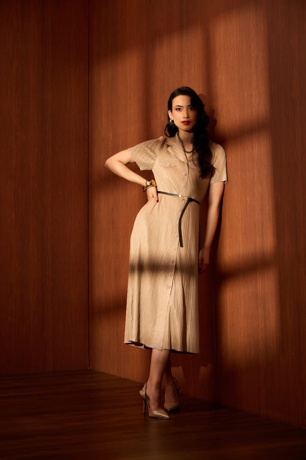 Taupe Pleated Midi Shirt Dress with Belt — Scarlet Sage