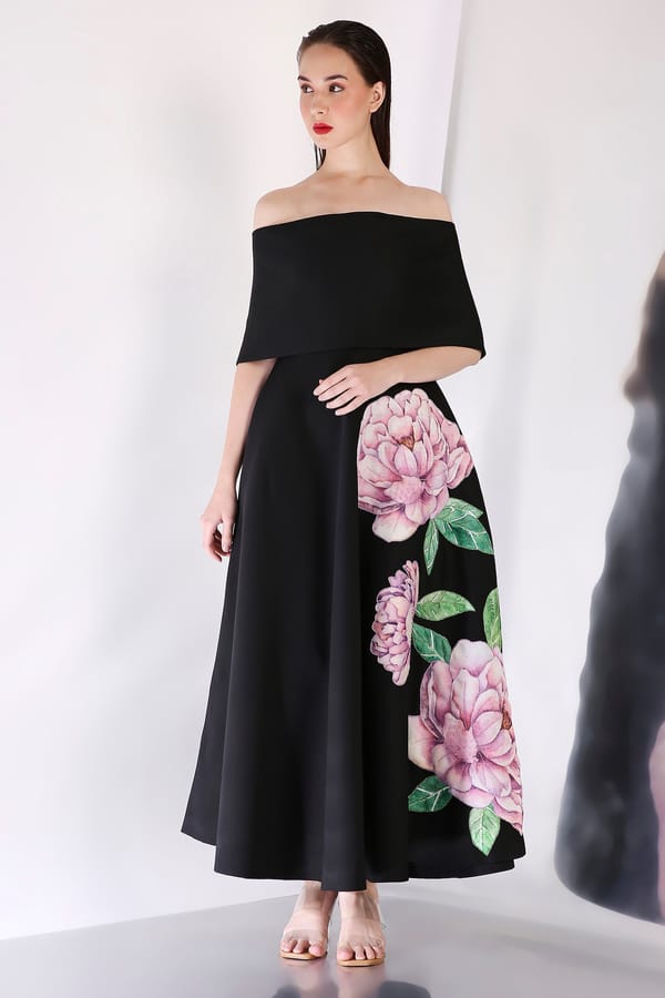 Black Off-Shoulder A-Line Midi Dress with Floral Print — OZEQO