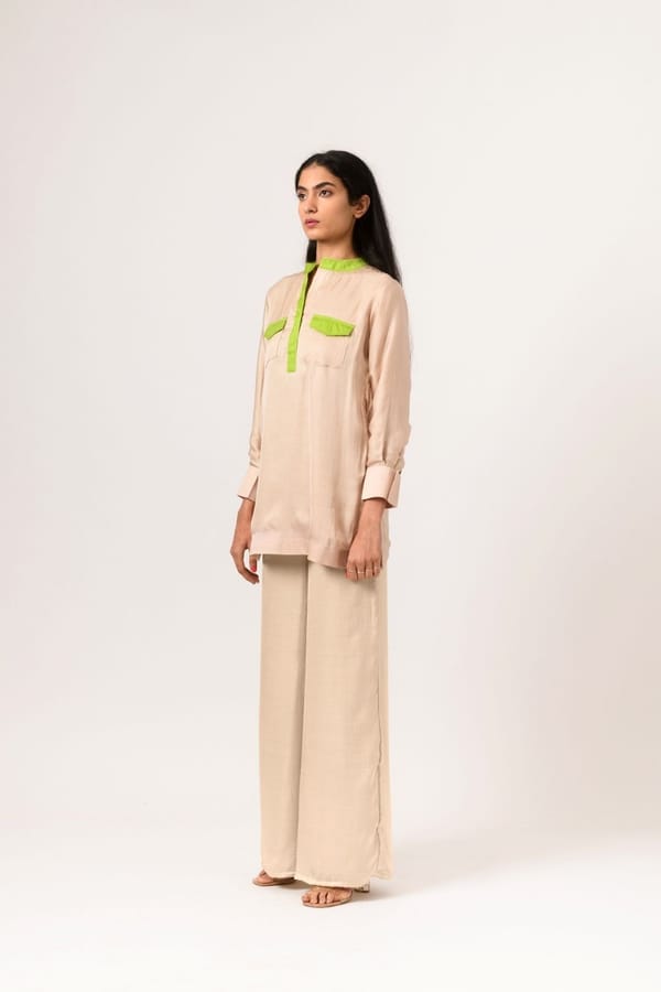 Ecru Beige Tunic Blouse with Green Contrast Placket — Neora